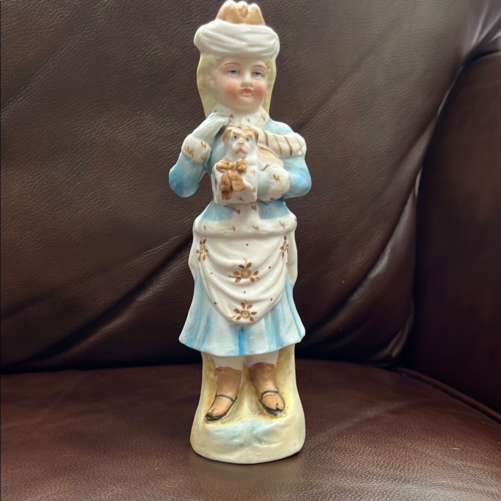 Antique German Bisque Elegant Blue and Cream Ceramic Art Figurine
